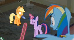 Size: 2527x1365 | Tagged: safe, screencap, applejack, rainbow dash, twilight sparkle, alicorn, pony, g4, the saddle row review, broom, discovery family logo, dustpan, female, magic, mare, sweeping, sweepsweepsweep, telekinesis, twilight sparkle (alicorn), twilight sweeple