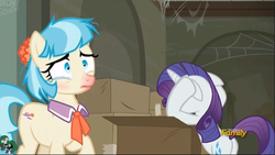 Size: 2527x1427 | Tagged: safe, screencap, coco pommel, rarity, g4, the saddle row review, blushing, discovery family logo, floppy ears, messy mane, pre sneeze, red nosed, sick, teary eyes