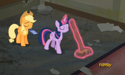 Size: 728x437 | Tagged: safe, screencap, applejack, twilight sparkle, alicorn, pony, g4, season 6, the saddle row review, broom, discovery family logo, female, magic, mare, sweeping, sweepsweepsweep, telekinesis, twilight sparkle (alicorn), twilight sweeple