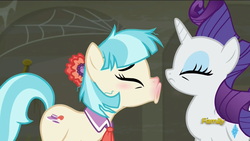 Size: 1920x1080 | Tagged: safe, screencap, coco pommel, rarity, g4, the saddle row review, blushing, discovery family logo, red nosed, sneezing