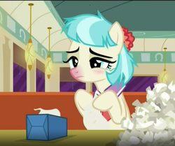 Size: 450x376 | Tagged: safe, screencap, coco pommel, pony, g4, the saddle row review, booth, cafe, cocobetes, cold, cute, diner, female, frown, lidded eyes, messy mane, red nosed, sad, sick, solo, table, tissue, tissue box