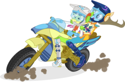 Size: 1625x1061 | Tagged: safe, artist:punzil504, beauty brass, fiddlesticks, equestria girls, g4, my little pony equestria girls: friendship games, apple family member, clothes, clothes swap, duo, dust, equestria girls-ified, female, fiddlebrass, helmet, lesbian, motorcross, motorcycle, open mouth, riding, shipping, simple background, transparent background, vector, visor