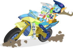 Size: 1625x1061 | Tagged: safe, artist:punzil504, beauty brass, fiddlesticks, equestria girls, g4, my little pony equestria girls: friendship games, apple family member, clothes, clothes swap, duo, dust, equestria girls-ified, female, helmet, lesbian, motorcross, motorcycle, open mouth, riding, ship:fiddlebrass, shipping, simple background, transparent background, vector, visor