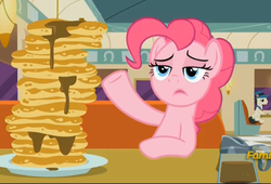 Size: 1937x1319 | Tagged: safe, screencap, lucky breaks, pinkie pie, g4, the saddle row review, booth, cafe, diner, discovery family logo, food, maple syrup, pancakes, plate, restaurant