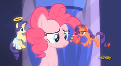 Size: 2265x1241 | Tagged: safe, screencap, pinkie pie, rarity, g4, the saddle row review, angel rarity, devil rarity, discovery family logo, fake wings, halo, haylo, pitchfork, shoulder angel, shoulder devil