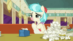 Size: 500x281 | Tagged: safe, screencap, coco pommel, pony, g4, the saddle row review, animated, booth, cafe, cocobetes, cute, diner, discovery family logo, female, nose blowing, perfect loop, red nosed, salt shaker, sick, sneezing, solo, table, tissue, tissue box