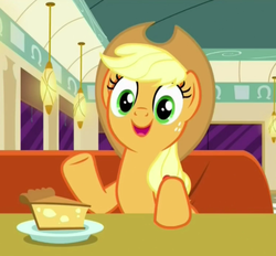 Size: 425x395 | Tagged: safe, screencap, applejack, earth pony, pony, g4, the saddle row review, booth, cafe, cute, diner, female, food, jackabetes, looking at you, mare, open mouth, pie, plate, raised hoof, smiling, solo, table
