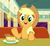 Size: 425x395 | Tagged: safe, screencap, applejack, earth pony, pony, g4, my little pony: friendship is magic, the saddle row review, booth, cafe, cute, diner, female, food, jackabetes, looking at you, mare, open mouth, pie, plate, raised hoof, smiling, solo, table