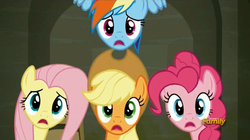 Size: 1275x713 | Tagged: safe, screencap, applejack, fluttershy, pinkie pie, rainbow dash, g4, the saddle row review, discovery family logo, looking at you