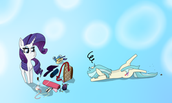 Size: 3000x1800 | Tagged: safe, artist:dragonpone, derpibooru exclusive, coco pommel, rarity, trixie, pony, unicorn, basket, clothes, female, hat, mare, pincushion, plushie, ribbon, rock, socks, thigh highs, thread, trip