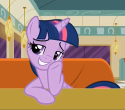 Size: 1441x1269 | Tagged: safe, screencap, twilight sparkle, alicorn, pony, g4, the saddle row review, booth, cafe, diner, female, lidded eyes, mare, smuglight sparkle, solo, twilight sparkle (alicorn)