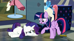 Size: 1279x713 | Tagged: safe, screencap, rarity, twilight sparkle, alicorn, pony, unicorn, g4, season 6, the saddle row review, discovery family logo, female, horn, mare, twilight sparkle (alicorn)