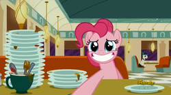 Size: 1279x711 | Tagged: safe, screencap, lucky breaks, pinkie pie, g4, the saddle row review, booth, cafe, diner, discovery family logo, faic, plate, smiling, smiling at you