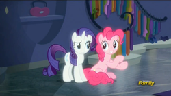 Size: 1279x717 | Tagged: safe, screencap, pinkie pie, rarity, earth pony, pony, unicorn, g4, my little pony: friendship is magic, season 6, the saddle row review, discovery family logo, duo, duo female, female, horn, mare