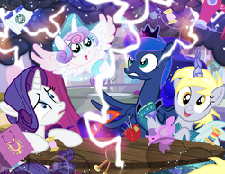 Size: 900x695 | Tagged: safe, artist:pixelkitties, derpy hooves, princess flurry heart, princess luna, rarity, pegasus, pony, g4, babysitting, female, magic, mare, tabitha st. germain, voice actor joke, wide eyes