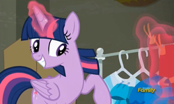 Size: 728x437 | Tagged: safe, screencap, twilight sparkle, alicorn, pony, g4, the saddle row review, discovery family logo, female, magic, mare, solo, telekinesis, twilight sparkle (alicorn)