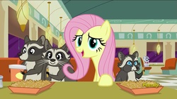 Size: 1920x1080 | Tagged: safe, screencap, fluttershy, mr. waddle, smoky, smoky jr., softpad, raccoon, g4, the saddle row review, discovery family logo, food, french fries, hay fries