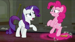 Size: 1920x1080 | Tagged: safe, screencap, pinkie pie, rarity, g4, the saddle row review, discovery family logo, pinkie being pinkie, pinkie physics, pinkiecopter, tailcopter