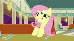 Size: 1920x1080 | Tagged: safe, screencap, fluttershy, mr. waddle, g4, the saddle row review, booth, cafe, diner, faic, female, fork, knife, nervous smile, restaurant, salt shaker, solo, spoon, table