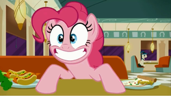 Size: 1276x717 | Tagged: safe, screencap, lucky breaks, pinkie pie, g4, the saddle row review, carrot, carrot dog, discovery family logo, faic, food, pizza