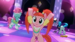 Size: 1274x715 | Tagged: safe, screencap, azure velour, flashdancer, pacific glow, pony, g4, the saddle row review, bipedal, butt, cap, clothes, club pony party palace, dancing, debate in the comments, discovery family logo, hairband, hat, necklace, not pinkie pie, pacifier, pants, pigtails, plot, rave, shirt, sweatband, tank top