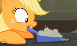 Size: 728x437 | Tagged: safe, screencap, applejack, g4, the saddle row review, discovery family logo, dust, dustpan, female, mouth hold, solo