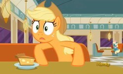 Size: 728x437 | Tagged: safe, screencap, applejack, honey curls, mare e. lynn, g4, the saddle row review, discovery family logo, food, pie, restaurant