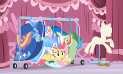 Size: 728x437 | Tagged: safe, screencap, fluttershy, g4, the saddle row review, clothes, discovery family logo, dress, female, froufrou glittery lacy outfit, gala dress, hiding, puffy sleeves, solo