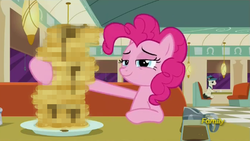 Size: 688x387 | Tagged: safe, edit, edited screencap, screencap, lucky breaks, pinkie pie, earth pony, pony, g4, the saddle row review, censored, discovery family logo, female, food, male, mare, pancakes, stallion, unnecessary censorship
