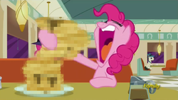 Size: 688x387 | Tagged: safe, edit, edited screencap, screencap, pinkie pie, earth pony, pony, g4, the saddle row review, censored, discovery family logo, female, food, male, mare, pancakes, stallion, unnecessary censorship