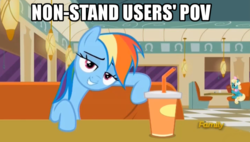 Size: 827x469 | Tagged: safe, edit, edited screencap, screencap, honey curls, mare e. lynn, rainbow dash, g4, the saddle row review, caption, discovery family logo, drink, image macro, jojo's bizarre adventure, meme, stand