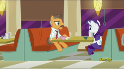 Size: 1920x1080 | Tagged: safe, screencap, buried lede, rarity, earth pony, pony, unicorn, g4, the saddle row review, booth, clothes, coffee mug, diner, discovery family logo, duo, female, journalist, male, mare, necktie, notepad, shirt, stallion, table, teacup