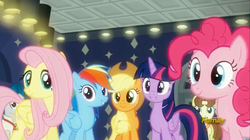 Size: 1276x715 | Tagged: safe, screencap, applejack, fluttershy, pinkie pie, rainbow dash, twilight sparkle, alicorn, pony, g4, the saddle row review, discovery family logo, female, mare, twilight sparkle (alicorn)