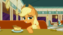 Size: 1274x715 | Tagged: safe, screencap, applejack, g4, the saddle row review, discovery family logo, food, pie, restaurant