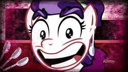 Size: 1280x720 | Tagged: safe, edit, edited screencap, screencap, plaid stripes, g4, the saddle row review, discovery family logo, faic, female, looking at you, nightmare fuel, open mouth, slasher smile, smiling, solo, spoon, teeth, wide eyes