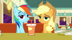 Size: 1279x717 | Tagged: safe, screencap, applejack, honey curls, mare e. lynn, rainbow dash, g4, the saddle row review, applejack is best facemaker, discovery family logo, faic, lidded eyes, looking at you, smug, smugdash, smugjack