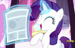 Size: 778x504 | Tagged: safe, screencap, rarity, pony, unicorn, g4, the saddle row review, animated, cute, discovery family logo, eyes closed, female, gif, glowing horn, happy, horn, levitation, loop, magic, mare, newspaper, open mouth, raised hoof, raribetes, solo, telekinesis
