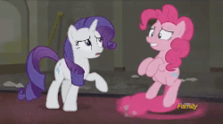 Size: 400x222 | Tagged: dead source, safe, screencap, pinkie pie, rarity, g4, the saddle row review, animated, discovery family logo, female, pinkie being pinkie, pinkie physics, pinkiecopter, tailcopter