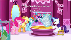 Size: 1920x1088 | Tagged: safe, screencap, applejack, fluttershy, pinkie pie, rainbow dash, rarity, twilight sparkle, alicorn, pony, g4, the saddle row review, discovery family logo, female, mane six, mare, newspaper, twilight sparkle (alicorn)