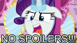 Size: 499x279 | Tagged: safe, edit, edited screencap, screencap, rarity, g4, the saddle row review, caption, female, floppy ears, no spoilers, solo, spoilers in the comments, text