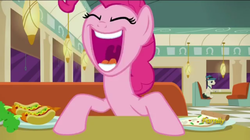 Size: 853x479 | Tagged: safe, screencap, pinkie pie, earth pony, pony, g4, my little pony: friendship is magic, the saddle row review, background pony, carrot, carrot dog, discovery family logo, eyes closed, food, mawshot, open mouth, pizza, restaurant, uvula, yelling