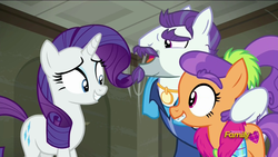 Size: 1920x1080 | Tagged: safe, screencap, mr. stripes, plaid stripes, rarity, g4, the saddle row review, discovery family logo