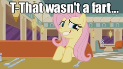 Size: 1474x826 | Tagged: safe, edit, edited screencap, screencap, fluttershy, mr. waddle, pony, g4, the saddle row review, caption, female, implied shart, mare, restaurant