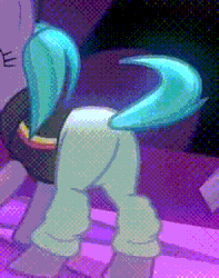Size: 296x376 | Tagged: safe, screencap, azure velour, earth pony, pony, g4, the saddle row review, animated, ass-ure velour, azurebutt, butt, butt focus, butt shake, clothes, dancing, female, flank spin, mare, pants, plot, solo, tail twirl, twerking