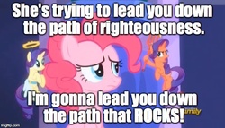 Size: 612x350 | Tagged: safe, edit, edited screencap, screencap, pinkie pie, rarity, the saddle row review, angel rarity, devil rarity, haylo, image macro, meme, shoulder angel, shoulder devil, the emperor's new groove