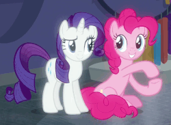 Size: 602x441 | Tagged: safe, screencap, pinkie pie, rarity, earth pony, pony, unicorn, g4, the saddle row review, animated, cute, dancing, diapinkes, female, looking at each other, loop, mare, sitting, smiling
