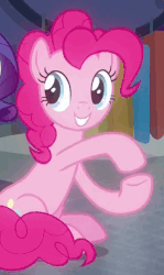 Size: 416x700 | Tagged: safe, screencap, pinkie pie, rarity, earth pony, pony, unicorn, g4, the saddle row review, animated, cute, dancing, diapinkes, female, grin, loop, mare, noodle arms, offscreen character, silly, sitting, smiling, solo focus, squee