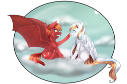 Size: 1024x683 | Tagged: safe, artist:doodle-28, oc, oc only, oc:blaze emberbreath, oc:waffles, bat pony, pegasus, pony, boop, cloud, long hair, sky, wafflaze