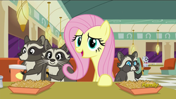 Size: 1920x1080 | Tagged: safe, screencap, fluttershy, mr. waddle, smoky, smoky jr., softpad, raccoon, g4, the saddle row review, diner, discovery family logo, food, french fries, hay fries, soda