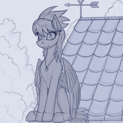 Size: 800x800 | Tagged: safe, artist:twotail813, cloudchaser, pegasus, pony, rcf community, g4, :3, behaving like a bird, cute, female, fluffy, mare, monochrome, necklace, roof, sitting, smiling, solo, spread wings, unshorn fetlocks